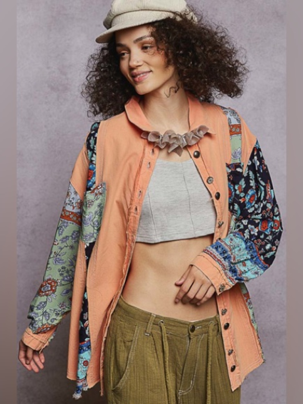 POL Patchwork Peach Button-Front Top